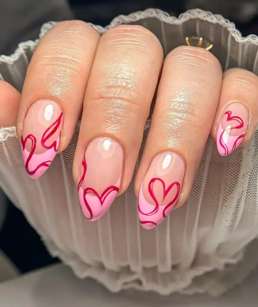 Abstract Red and Pink Heart Line Nails for a Modern Valentine's Day Look