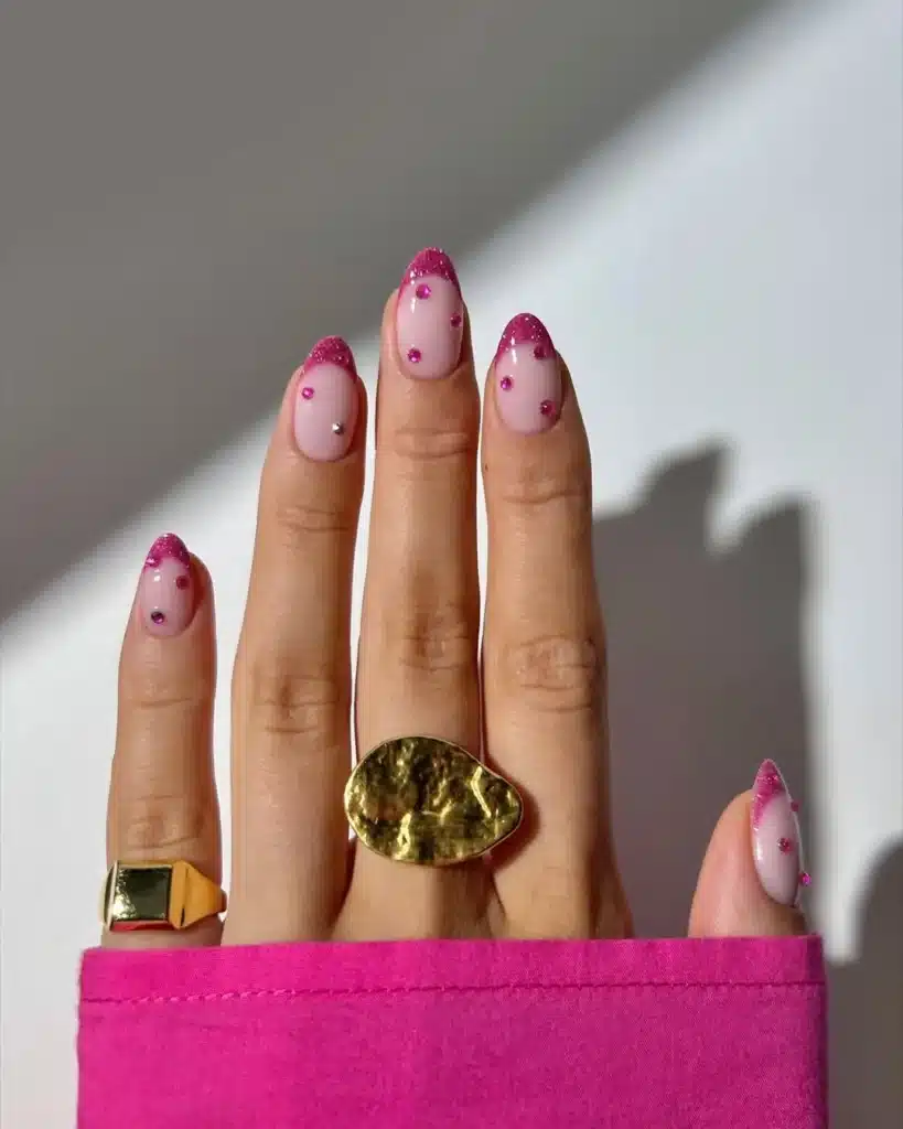 Pink Nails with Hot Pink Glitter Tips and Rhinestone Embellishments for Glam Valentine's Look