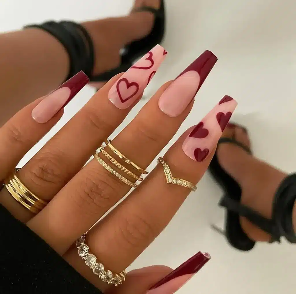 Elegant Burgundy Heart Nails on Coffin Shape with Gold Rings for Valentine's Day