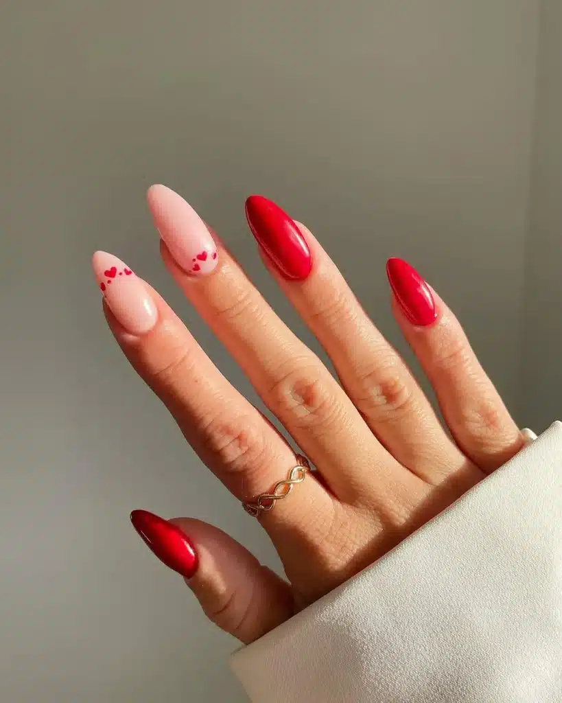 Red and Pink Nails with Heart Details for a Romantic Valentine's Look