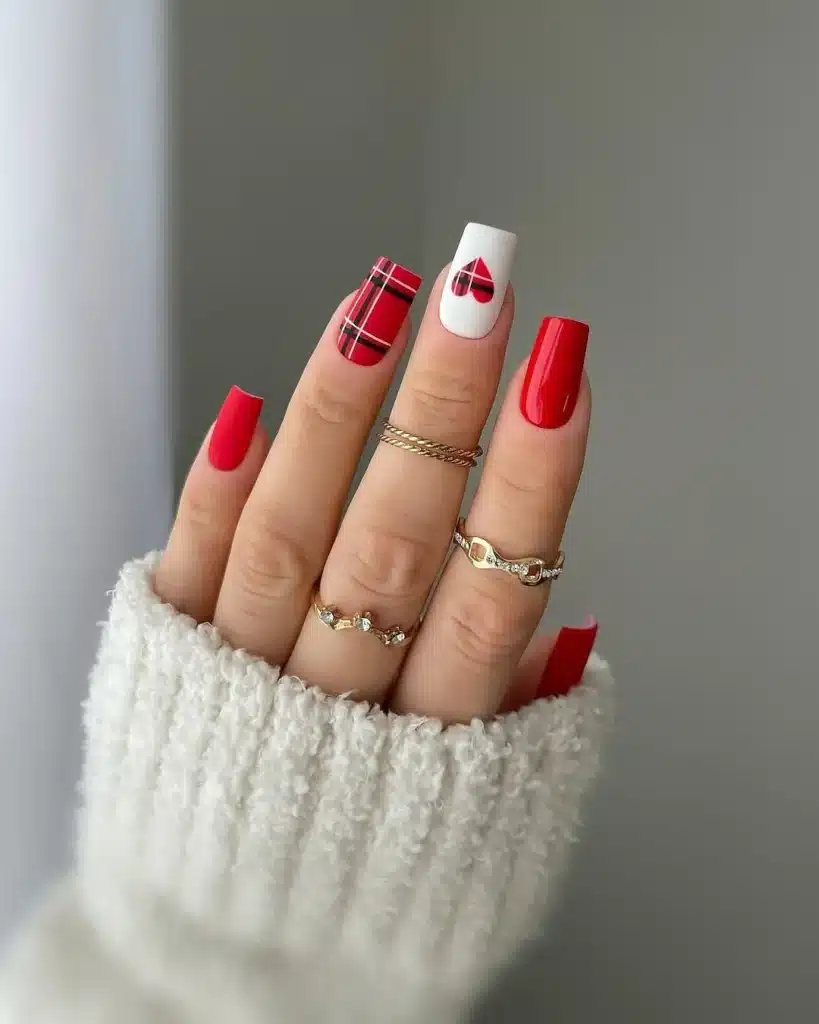 Red Plaid Pattern Nails with Bold Heart Accent for Valentine's Day