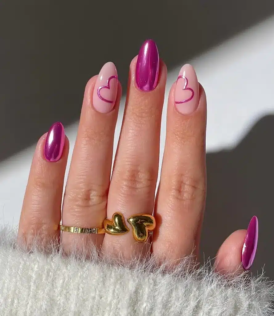 Metallic Purple and Pink Nails with Heart Outlines and Gold Rings for Glam Valentine's Nails