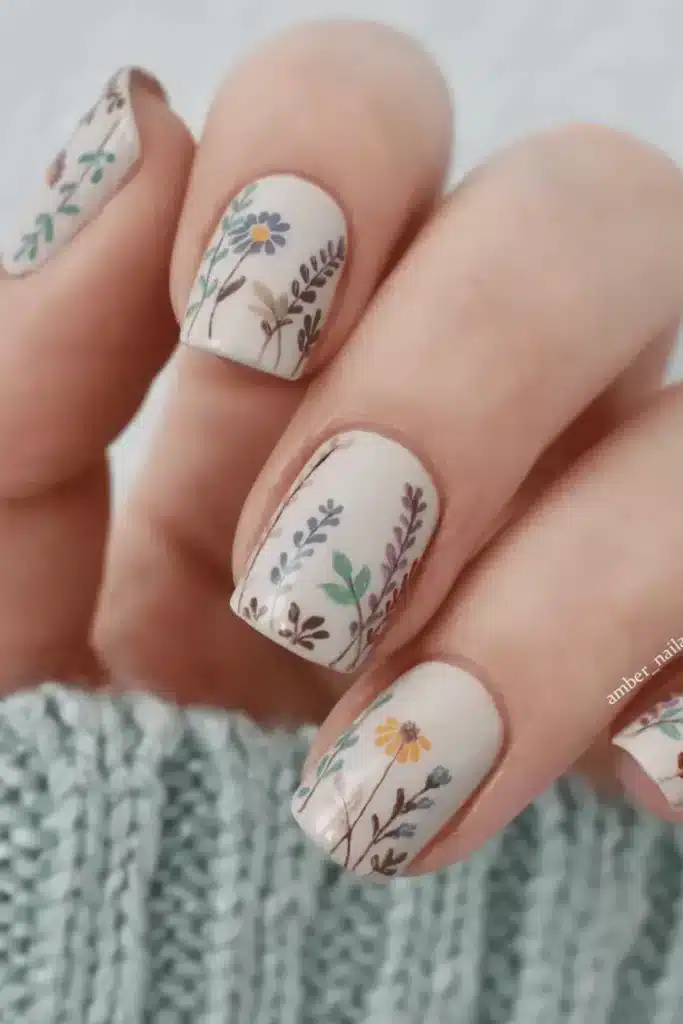 Botanical Garden Dreams nail design featuring lush green hues, delicate floral patterns, and nature-inspired accents for a fresh spring manicure.
