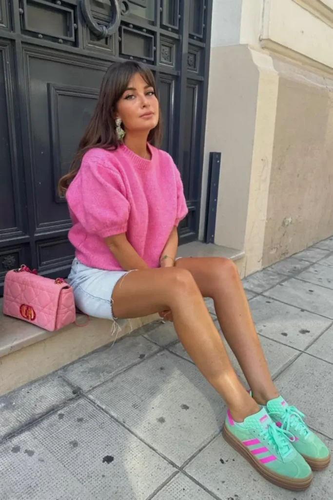 A bold hot pink puff-sleeve top paired with light denim shorts, complemented by a matching pink handbag. Mint green sneakers with pink accents add contrast, creating a stylish and comfortable spring outfit perfect for casual outings.