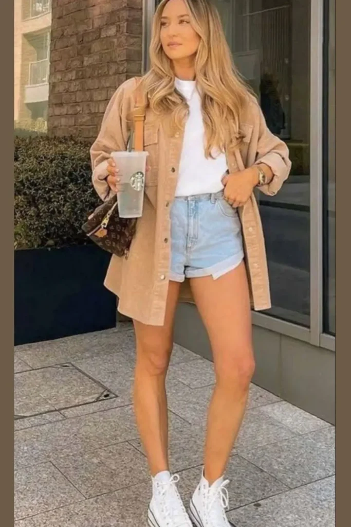 Light beige button-up shirt jacket layered over a white top, paired with light denim shorts and white high-top sneakers. Styled with a designer handbag and Starbucks cup for a relaxed yet stylish daytime outfit.