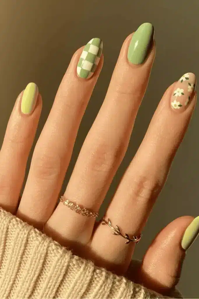 Garden Checkers & Vintage Florals nail design featuring a mix of gingham patterns and delicate floral accents for a chic, retro-inspired look.