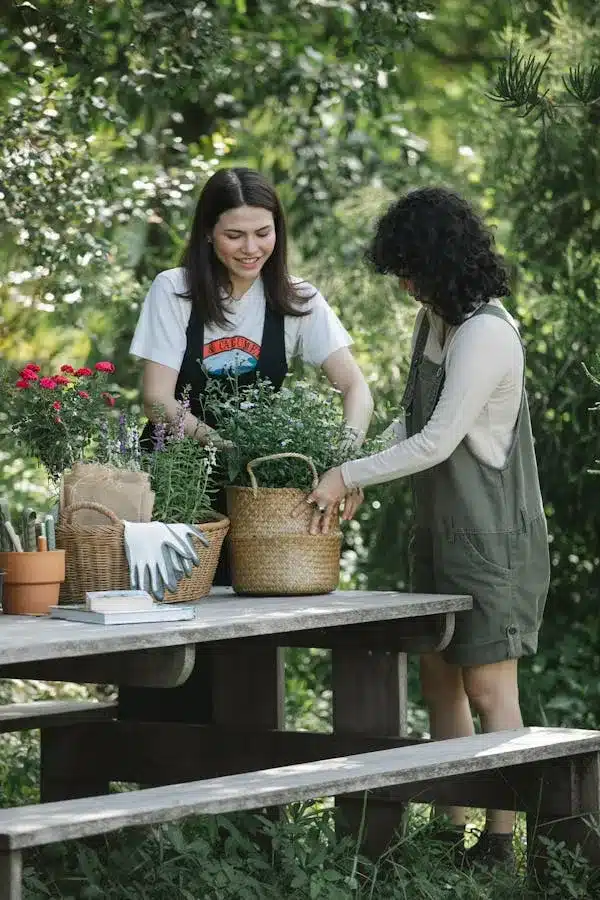 People gardening together in community garden for social self-care