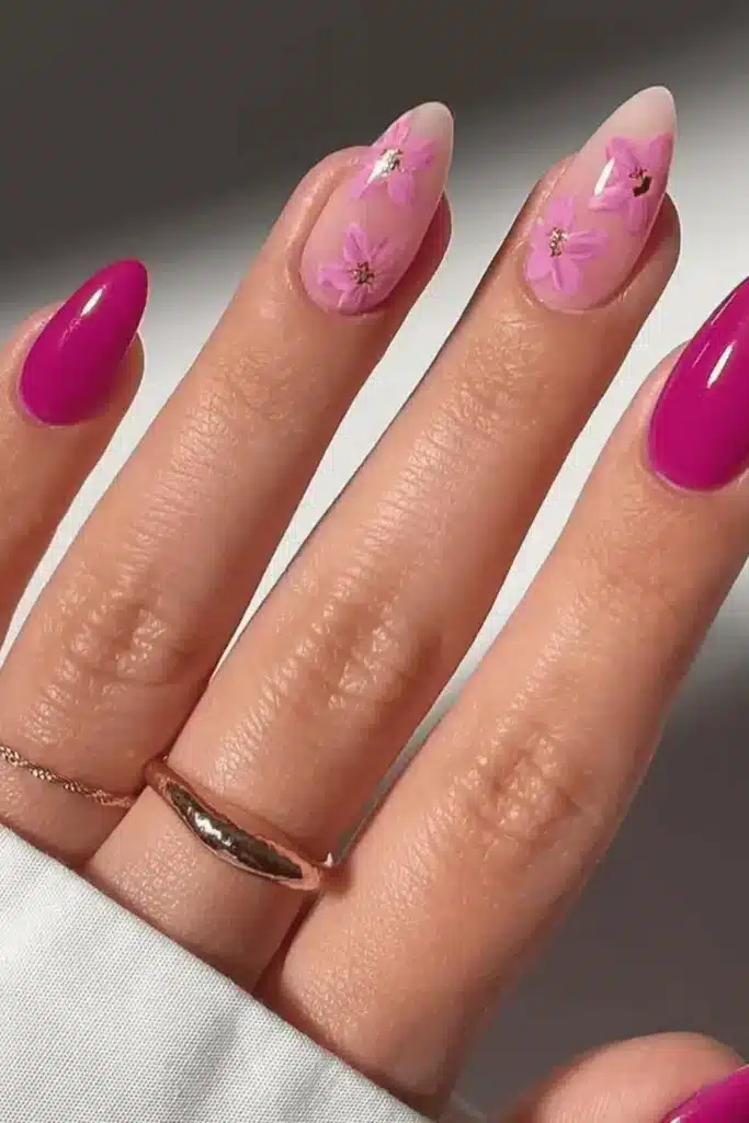 Magenta Flower Power nail design featuring bold magenta florals, vibrant petals, and a striking spring-inspired look.