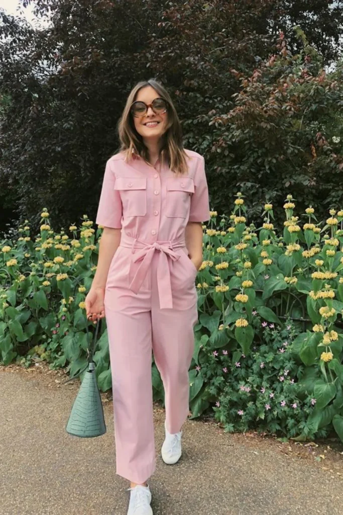 A monochromatic pink utility jumpsuit with a belted waist and practical pockets, styled with white sneakers and a mint green handbag. A perfect effortless spring outfit for errands, coffee dates, or casual outings.