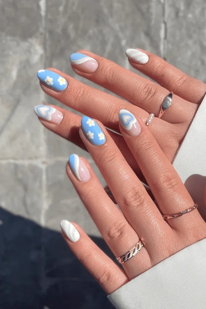 Sky Blue Daydreams nail design featuring soft sky blue tones for a dreamy, peaceful look.