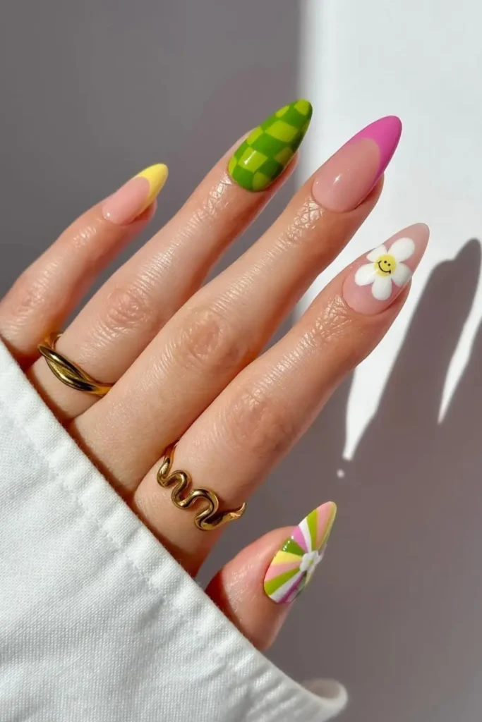Spring Picnic Fun nail design featuring vibrant floral patterns and pastel colors, perfect for a playful, picnic-inspired look.
