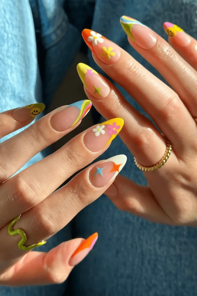 Sunshine and Stars nail design featuring a radiant yellow base with shimmering star accents for a sunny, celestial-inspired look.