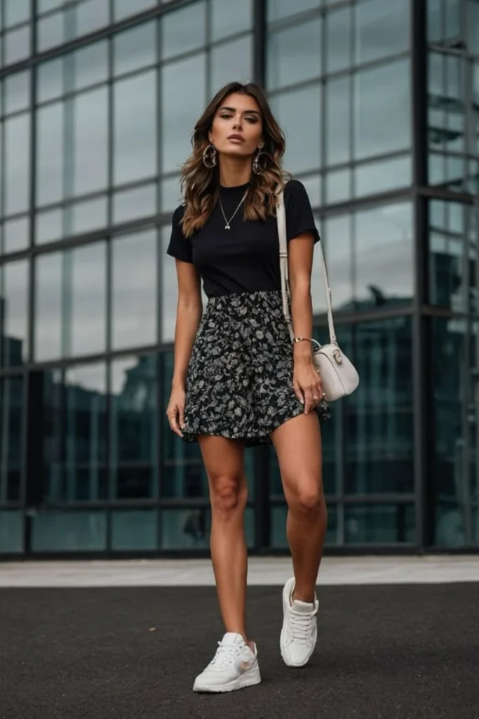 A black t-shirt paired with a floral mini skirt, creating an effortless contrast. White sneakers add comfort, while a small crossbody bag and delicate jewelry complete the look for a casual city outing or coffee date.