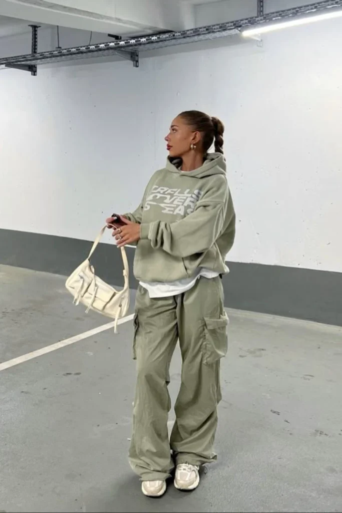 An oversized sage green hoodie paired with matching wide-leg cargo pants. Neutral-colored sneakers and a cream mini bag add contrast, creating a comfortable and trendy streetwear look.